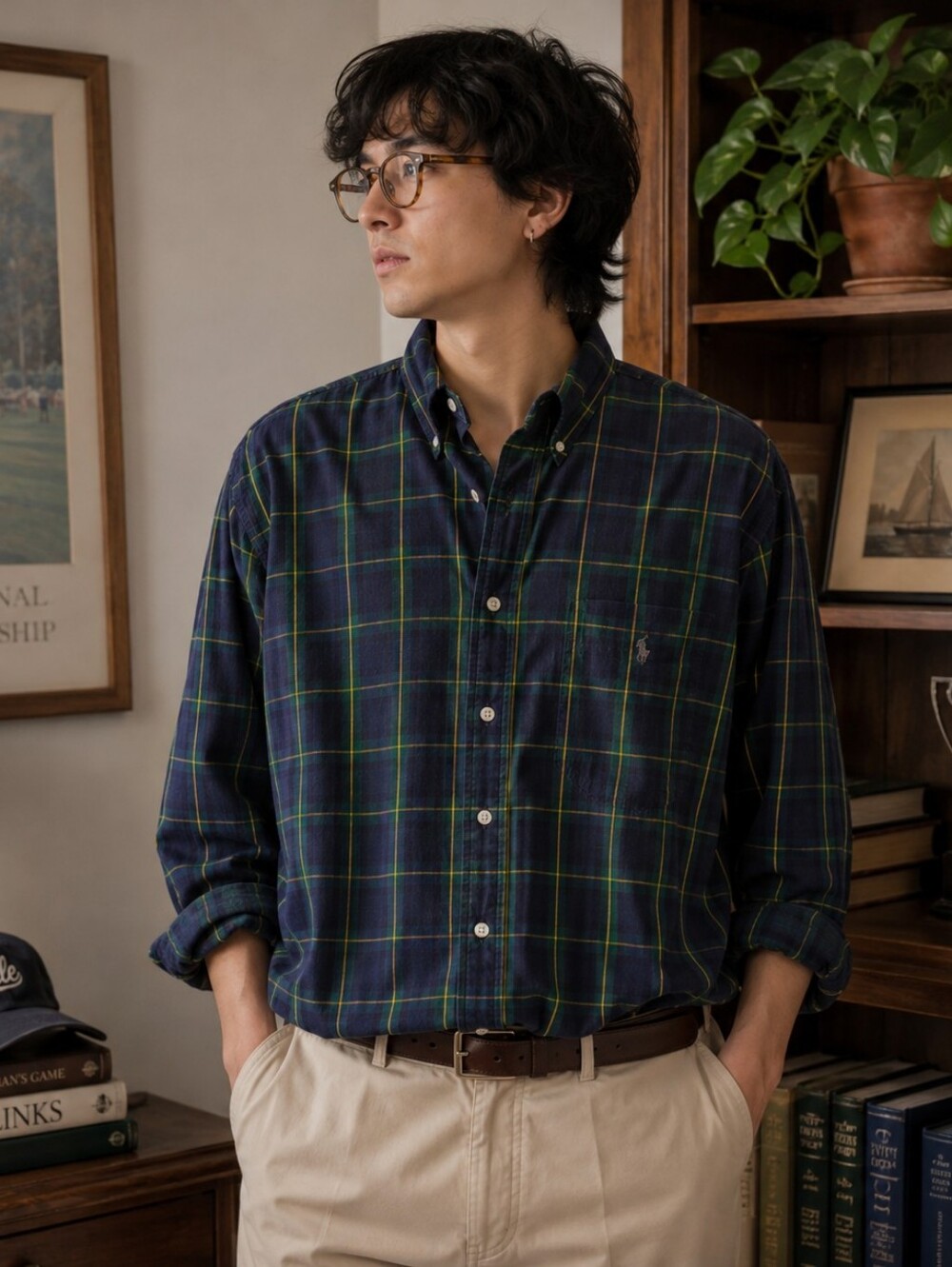 Vintage Preppy Academia Ralph Lauren Navy and Green Plaid Button-Down Shirt